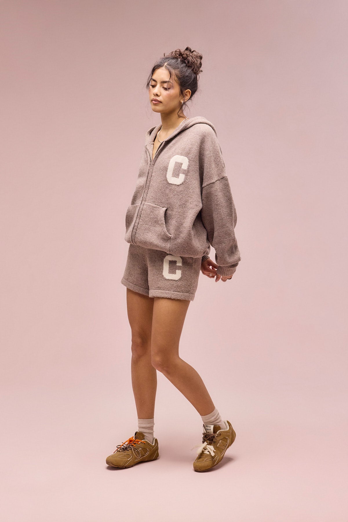 Hooded Zip Through Knitted Hoodie & Short - Taupe